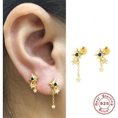 Aide 925 Sterling Silver Fashion Mismatched Earrings Blue Zircon Star Short Chain Earrings White Crystal Star Charm Ear Studs