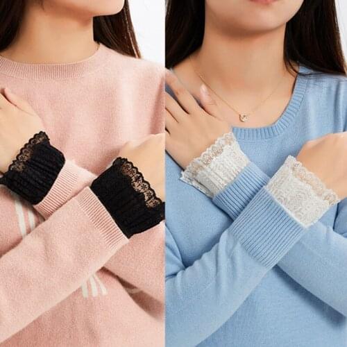 Women Sunshade Detachable Wrist Horn Cuffs Double Layer Pleated Ruffled Floral Lace False Fake Sleeves Sweater Bracelet