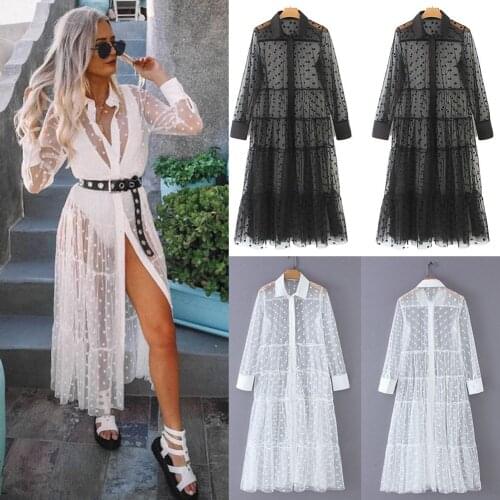 Women Mesh Sheer Polka Dot Lace Cover Ups See Through Beach Casual Maxi Dress 2020 Summer Sundress Party Club Sexy Dresses
