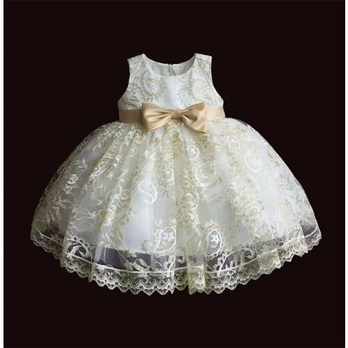 Golden Lace Girl Dress Summer Tutu Wedding Birthday Party Kids Dresses For Girls Childrens Costume Bow Ball Gown 3 6 12 24M 3T