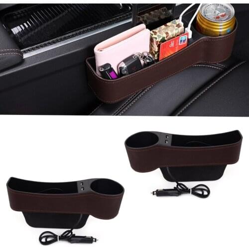 Universal Brown 1 Pair Console Side Car Seat Slit Storage Box Organizer Pocket with 2 USB Ports