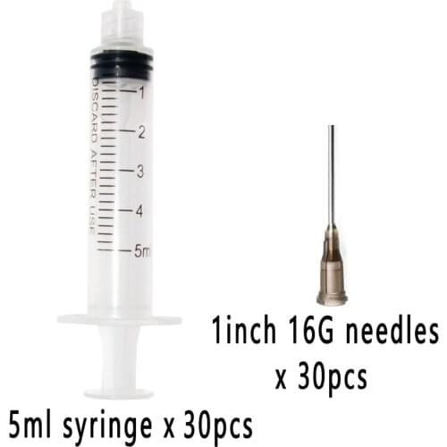 30 Sets,Plastic Syringe 5ml with 1inch 16G Blunt Tip Needles Injector For Lab and Industrial Dispensing Adhesives Glue Soldering
