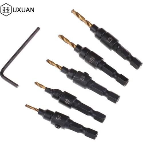 5pcs HSS Screw Countersink Drill Bit Set Quick Change Hex Shank # 5, # 6, # 8 , # 10 ,# 12 Countersink Drill Bits