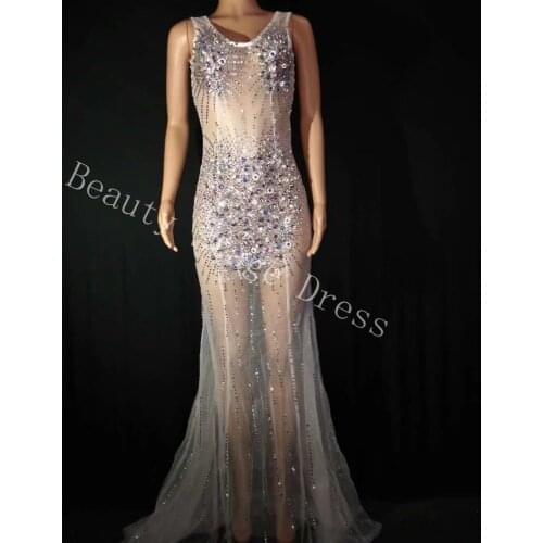 Sparkly Colorful Rhinestones Perspective Dress Birthday Celebrate See Through Mesh Dress Rhinestones Costume Evening Net Dress