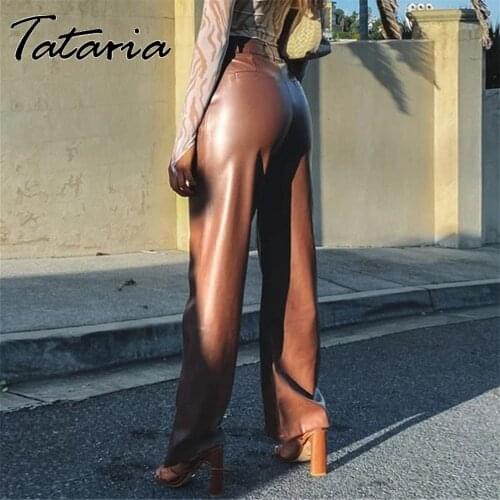 Black Straight Faux Pu Leather Trousers for Women High Waist Zipper-Up Casual Female Autumn Brown Fleece Leather Wide Leg Pants