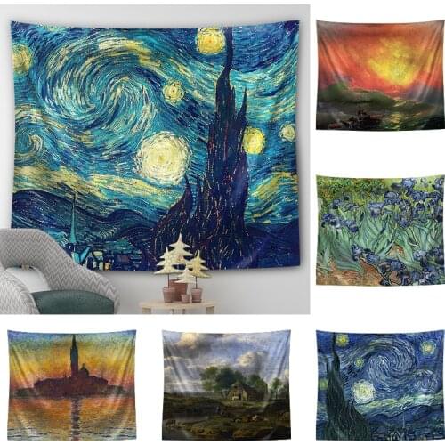 Tapestri Star Moon Night Van Gogh Painting Printed Living Room Decoration Wall Hanging Tapestry Yoga Mat Rug Home Decor Art
