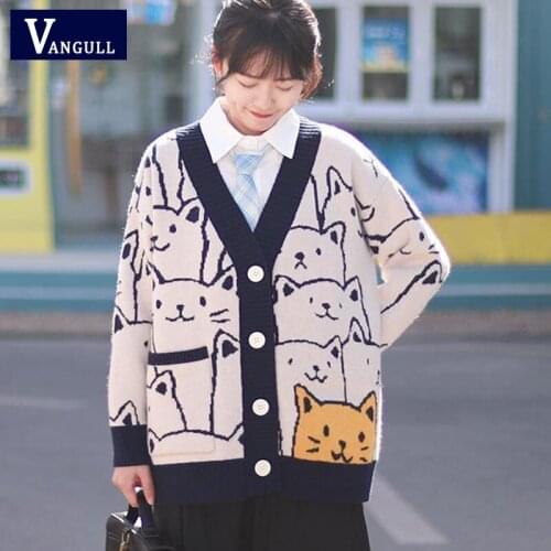 Vangull Harajuku Knitted Cardigan Women Cartoon Cat Print Sweater Vintage V-Neck Single Breasted Loose Thick Streetwear Sweater