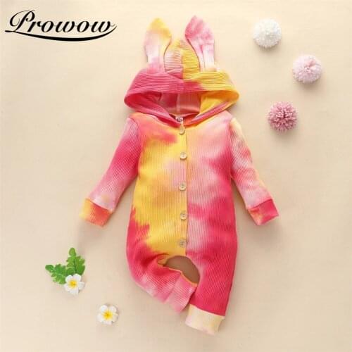 Prowow Rabbit Ears Newborn Jumpsuit Tie Dye Babys Rompers Long Sleeve Baby Girl Hooded Clothes Stripe Baby Sleepwear For Kids