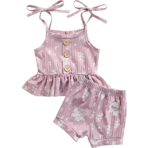 2Pcs Toddler Summer Outfit Girls Clothes Floral Tied Spaghetti Strap Tank Tops + Elastic Waist Shorts 6 Months to 4 Years