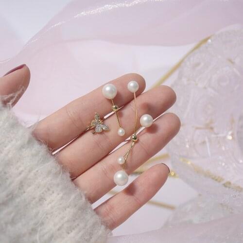 Korea New Design Pearl Branch Earrings Retro Micro-inlaid Zircon Butterfly Three-piece Set Earring for Woman Holiday Earring