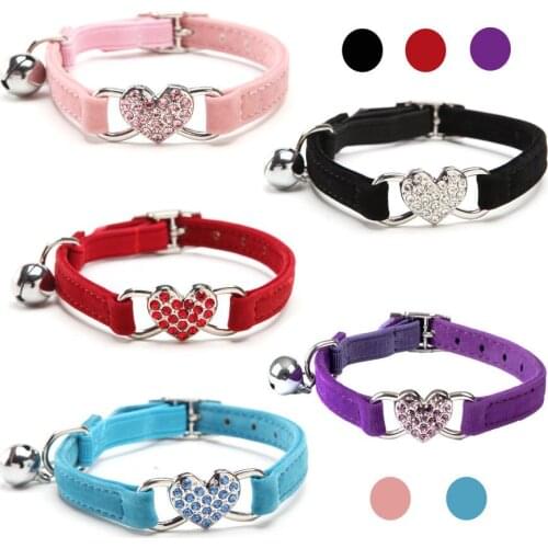 Soft Suede Cat Pet Collar Shining Heart Shaped Small Cat Pet Dog Necklace with Bell Pet Product Adjustable Small Cat Dog Collars
