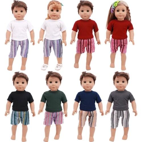 6 Styles Solid Shirt + Stripe Shorts Suits Doll Clothes For18 Inch American & Baby New Born Doll Accessories,Girls Festival Gift