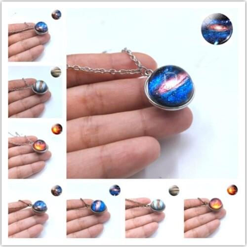 Solar Eclipse Galaxy Planet Necklace Space Double Sided hemisphere Necklace Eclipse Earth Solar Eclipse Outer Sun GlassJewelry