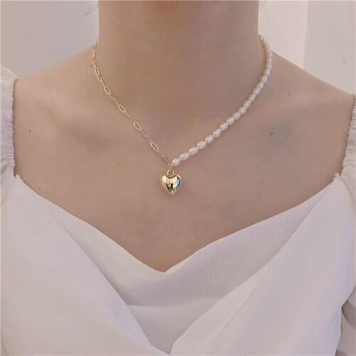 French Freshwater Pearl Necklaces Gold Color Linked Chain Chokers Heart Pendant Necklace for Women Minimalist Jewelry Wedding