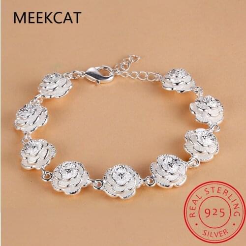 MEEKCAT 925 Sterling Silver Full Rose Flower Chain Bracelet For Women Wedding Engagement Party Fine Jewelry