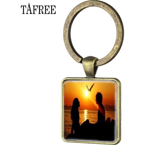 TAFREE Vintage Valentines Day square keychain Sunset beach walk couple keyring for women mistress car keyring jewelry FQ725