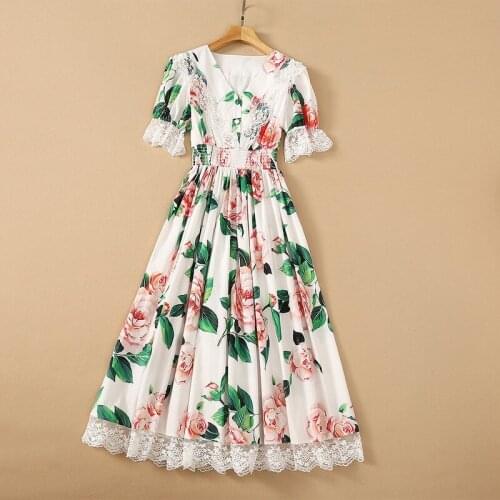 Europe and the United States womens clothing New Summer 2021 Short sleeved V-neck patchwork lace floral print Fashion dress