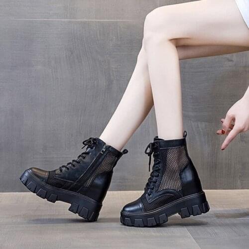 Womens Breathable Mesh Summer Ankle Boots Zipper Lace Up 2020 Platform Boots Woman Height Increasing Casual Shoes Ladies