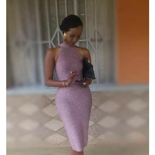 Womens Dress Elegant Orange Grey Purple High Neck Midi Bandage Pencil Dress High Quality