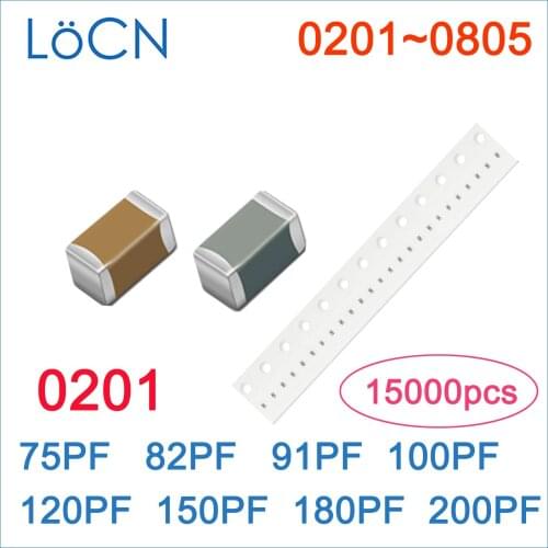 15000PCS 0201 75PF 82PF 91PF 100PF 120PF 150PF 180PF 200PF COG/NPO X7R RoHS 50V 5% SMD Capacitor High Quality