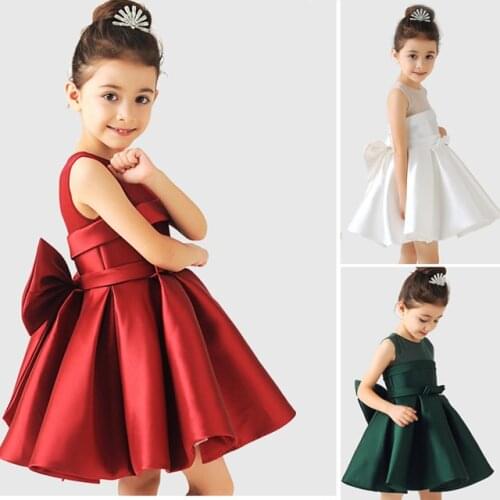 Top Quality Satin Flower Girl Dresses Big Bow Party Pageant Dress for Wedding Birthday Little Girls Ball Gown 3 color 2-12Y