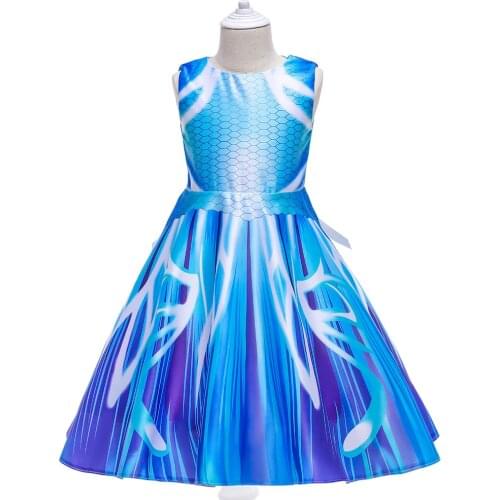 Girl Dress Girls Printing Satin Flower Princess Dres Blue Girl Birthday Party Fancy Dress Halloween Girls Kids Autumn Costume