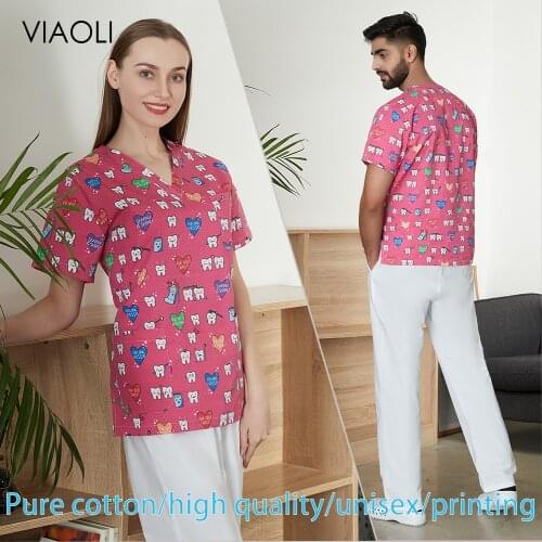 New surgical gown v-neck pink tooth printing wash clothes pet doctor beauty dental pharmacy clinic isolation work clothes set