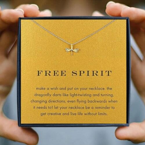 Icareu Dragonfly Wings Necklace Insect Pendant Free Spirit Insect Wish Card Gift Box Short Choker Gold Chain Necklaces Jewelry