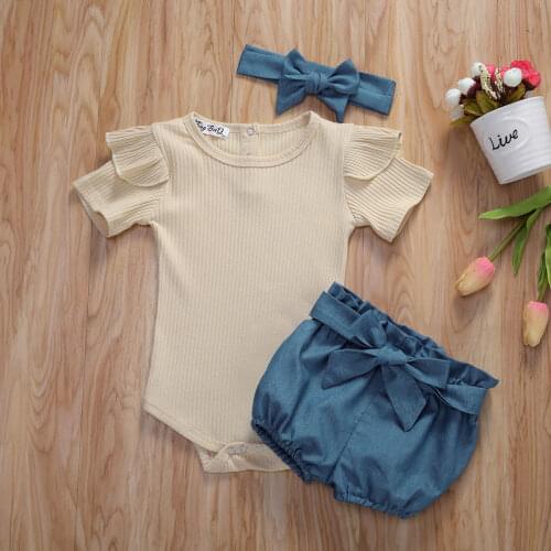 3pcs Newest Summer Toddler Infant Baby Girl Cotton Casual Outfits Set Solid Color Bodysuit Shorts Headband Cute Baby Clothes