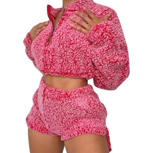 Spring Long Sleeve Warm Hoodie Top Shorts Women 2 Piece Sets Leopard Fur Outfit Solid Print Soft Sleepwear Pajamas Warm Clothing