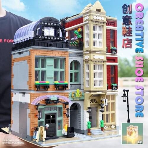 Modular Street View Model Creative Shoe Store Built-in Lighting Small Particles Assembled Toy Building Blocks Tightly Assembled
