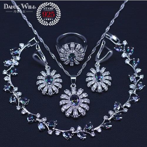 4PCS Silver Color Costume Jewelry Set Flower Colorful Multicolor Stones Earrings Ring Necklace Pendant Bracelet