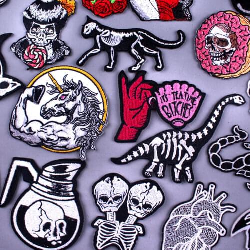 Hippie Skull Embroidered Patches For Clothes Punk Rock Badge Iron On Patch Applique Clothes Patches For Jacket Embroidery Patch