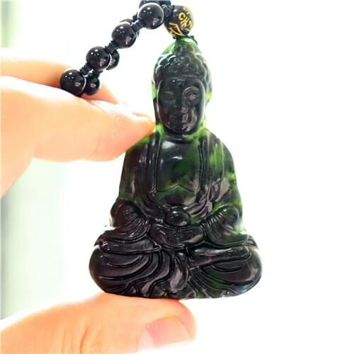 Natural Black Green Chinese Jade Buddha Pendant Beads Necklace Jewelry Fashion Accessories Carved Amulet Gifts sweater chain