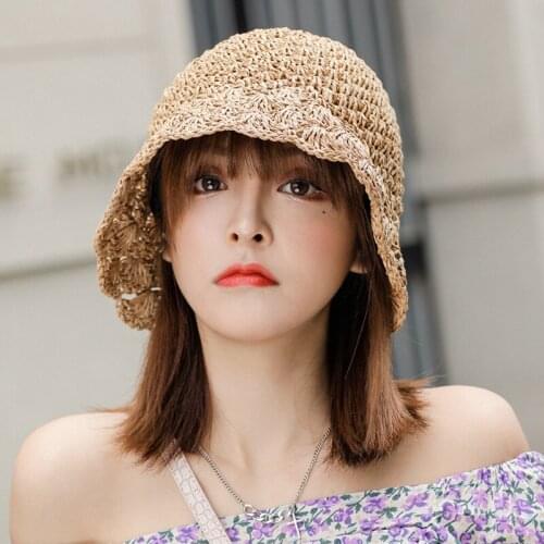 202103-YZ new hollow knitting paper flower brim holiday lady sun bucket cap women leisure hat
