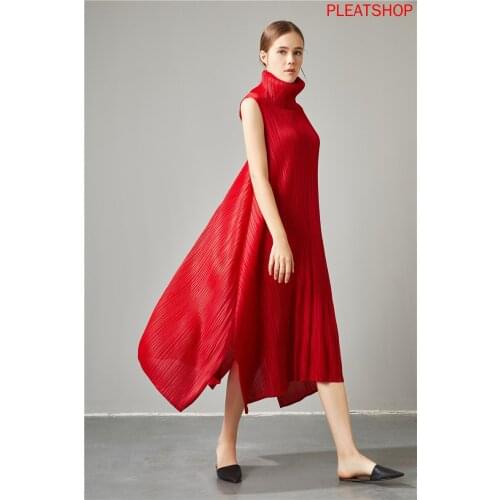New Style Europe And America Profile Dress-Style Irregular Solid Color High Collar Sleeveless Long MIYAKE Pleated Dress