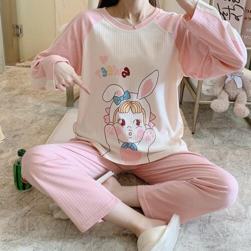Autumn and Winter Knitted Cotton Pajamas Women Sweet and Comfortable Casual Long-sleeved Pajamas Set Cute Casual Women Homewear