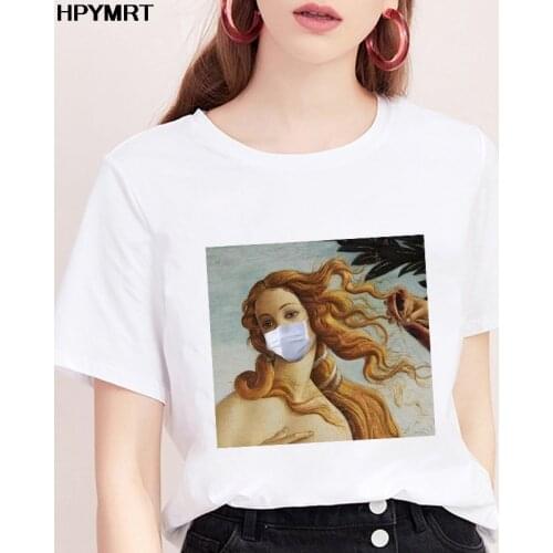 Spoof Famous painting Venus wearing a mask Print T Shirts Women aesthetics funny Tshirts Casual Tops new t-shirt Female Clothing