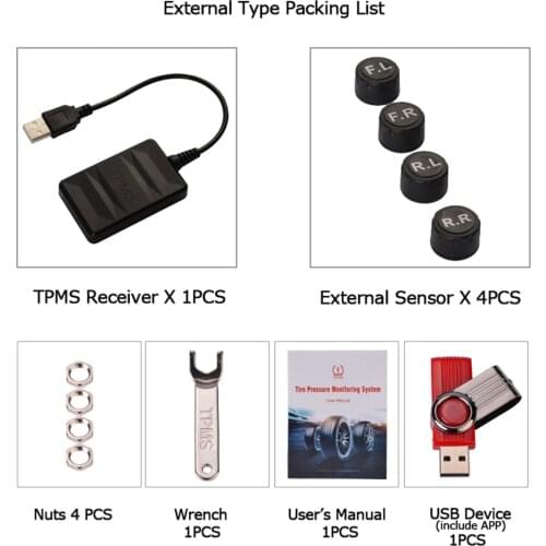 Car Tire Pressure Monitor System TPMS External Sensor USB Auto Alarm Sensor Module USB TPMS With 4 Sensor work pressure 0-3.5Bar