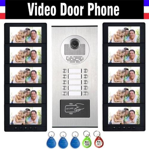 10 Units Apartment Intercom System Video Intercom Video Door Phone Kit HD Camera 7" Monitor with RFID keyfobs for 10 Household