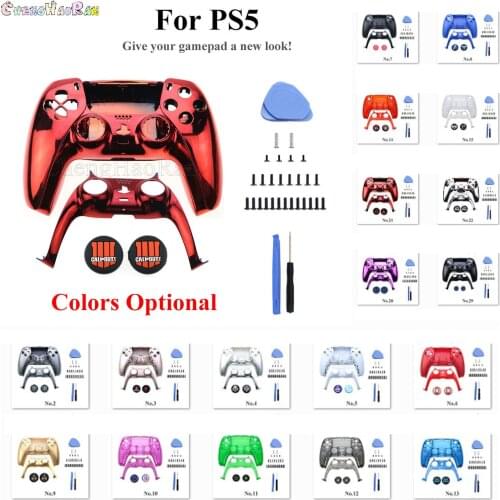 For PS5 Game Controller Replacement Shell Gamepad Case Front Cover Rear Cover Decorative Strip + 2pcs Grips + Pry + Screwdriver