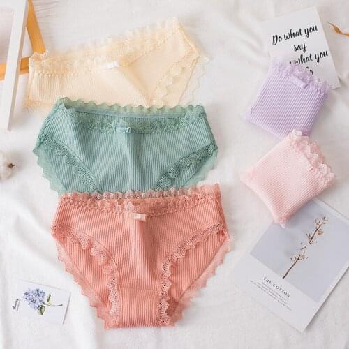 Fashion Cotton Women Girls Middle-Waisted Panties Sexy Lace Comfortable Briefs Female Breathable Underpants Lingerie Underwear