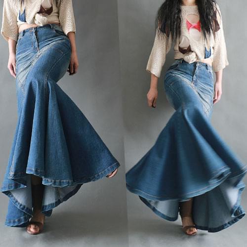 Denim Skirts Women 2018 Spring Autumn Vintage Jeans Skirt Girl Students Slim Stretch Fishtail Blue Floor-length Maxi Skirt