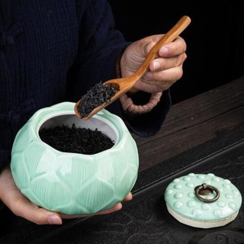 Sealed Storage Tea Canister Teaware Household Kitchen Supply Big Size Celadon Lotus Tea Caddy Puer Green Tea Box Jar