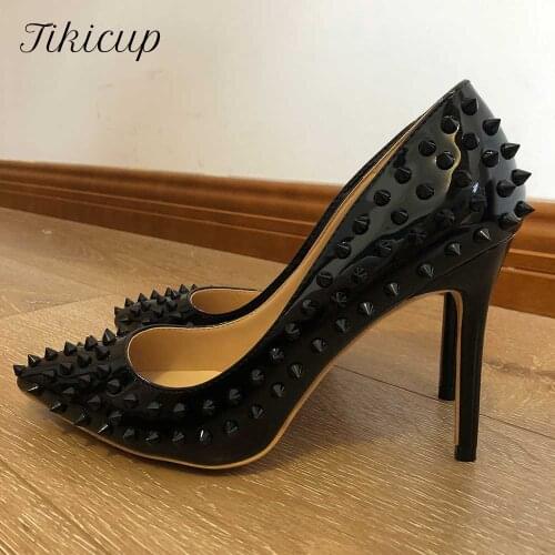 Tikicup Full Spikes Women Black Patent Pointed Toe Extremely High Heels Sexy Ladies Club Party Stiletto Shoes Punk Rivets Pumps