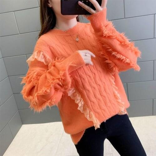New Autumn and Winter Lace Stitching Knitted Pullover Sweater Women Loose Wild Sweater Long Sleeve Literary Retro Sweater Women