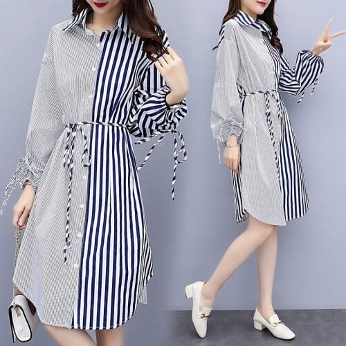 Timis Li Women Dress Fashion Long Shirt Dress Turn-down Collar Stripe Summer Dress Shirtdress Ladies Bandage Dresses