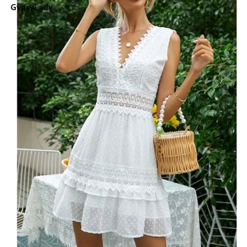 GypsyLady White Lace Summer Mini Dress Sexy V-neck Backless Women Dress Sleeveless Ruffles Chic Crochet Ladies Holiday Dress