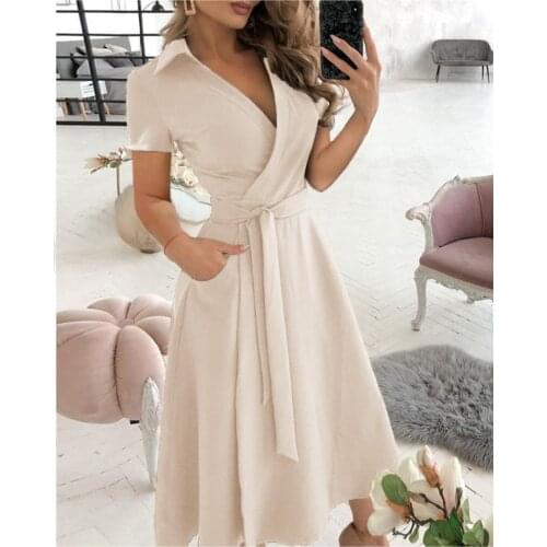 Solid Office Lady Dress Sexy V Neck Fashion Print Short Sleeve A-Line Casual Party Dress Red Summer Dresses for Women