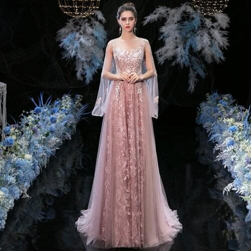 2020 Sexy Prom Dresses Sheer Long Sleeve Rode De Soiree Pink See Through Pearls Sash Sequins Formal Chiffon Evening Gown